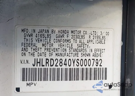 2000 Honda Cr-V Lx z USA, uszkodzony, nr VIN JHLRD2840YS000792
